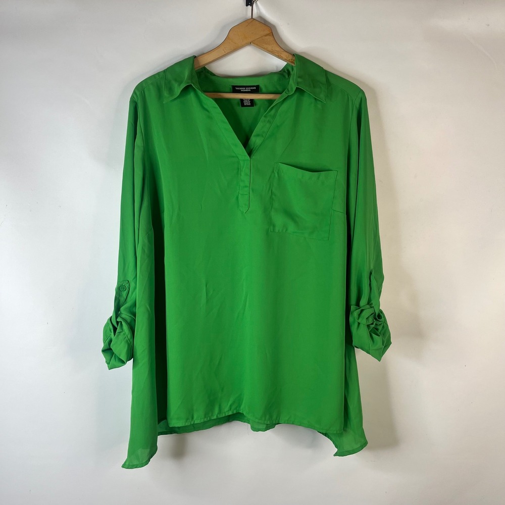Valerie Stevens Blouse Womens 2X Green Roll Tab Sleeve V-Neck Chest Pocket Tunic